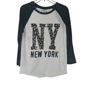 PINK Victorias Secret Sequin Raglan Tee New York Animal Print Size S Black White